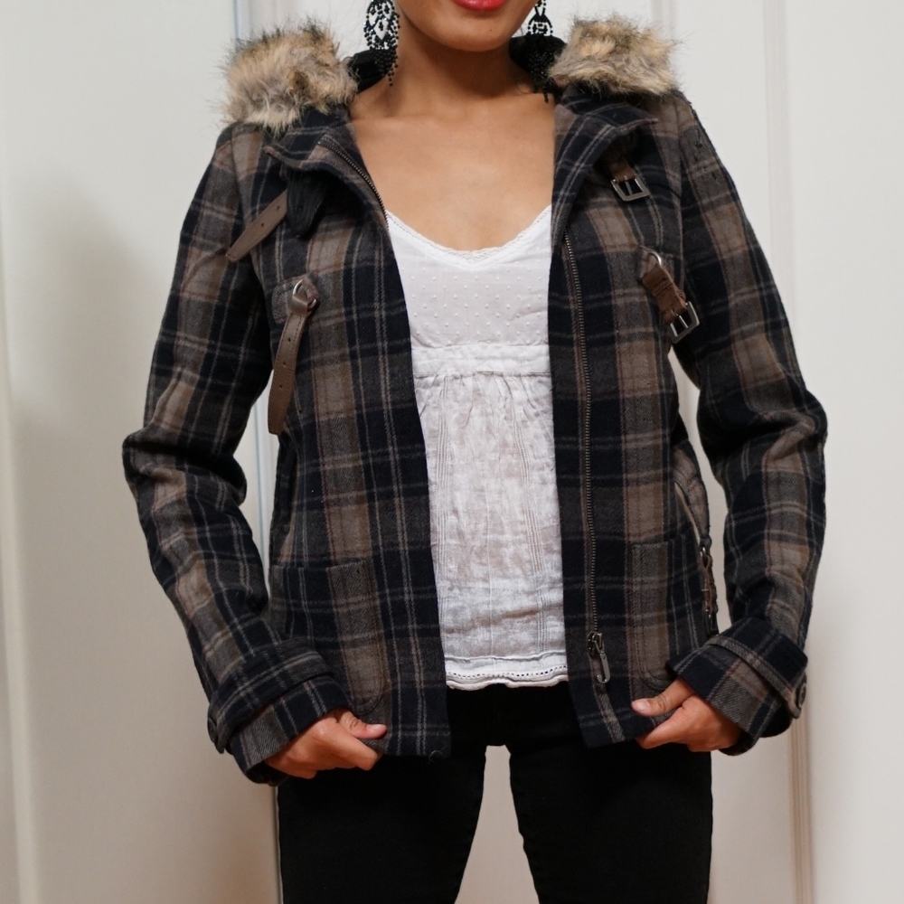 Juicy Couture Plaid jacket with Fur Hoodie